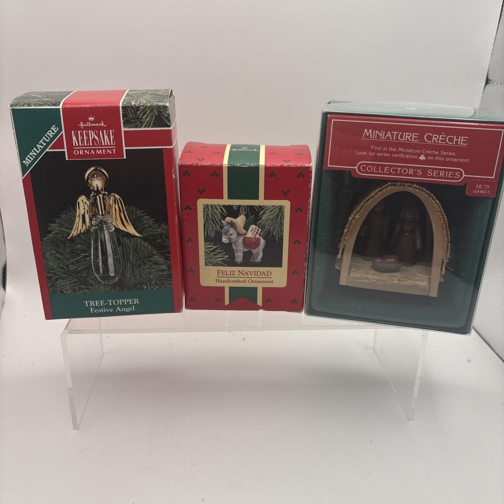 Lot of 3~Hallmark Ornaments~miniature Creche/Tree Topper (Mini)/Feliz Navidad